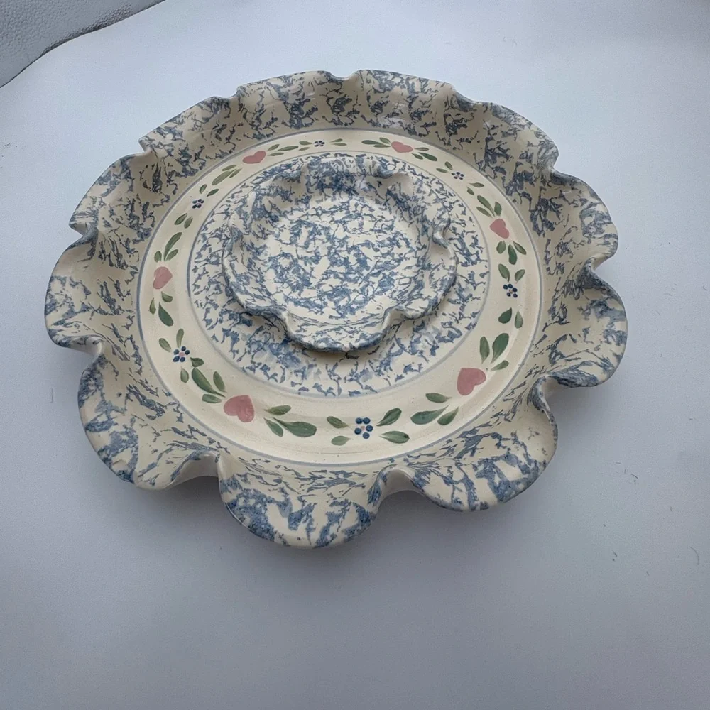 Vintage Floral Scalloped Pottery Chip and Dip Platter with Hearts